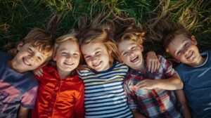 caucasian children with happy faces add 5 children mix boys and girls ages between 8 12, they lying next to each other and smiling in nature