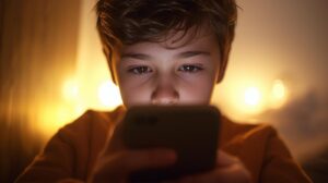 a picture with an adolescent using social media, in a bright background (1)
